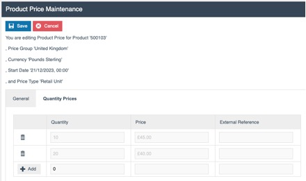 Product Price - Quantity Prices tab for Pack Pricing
