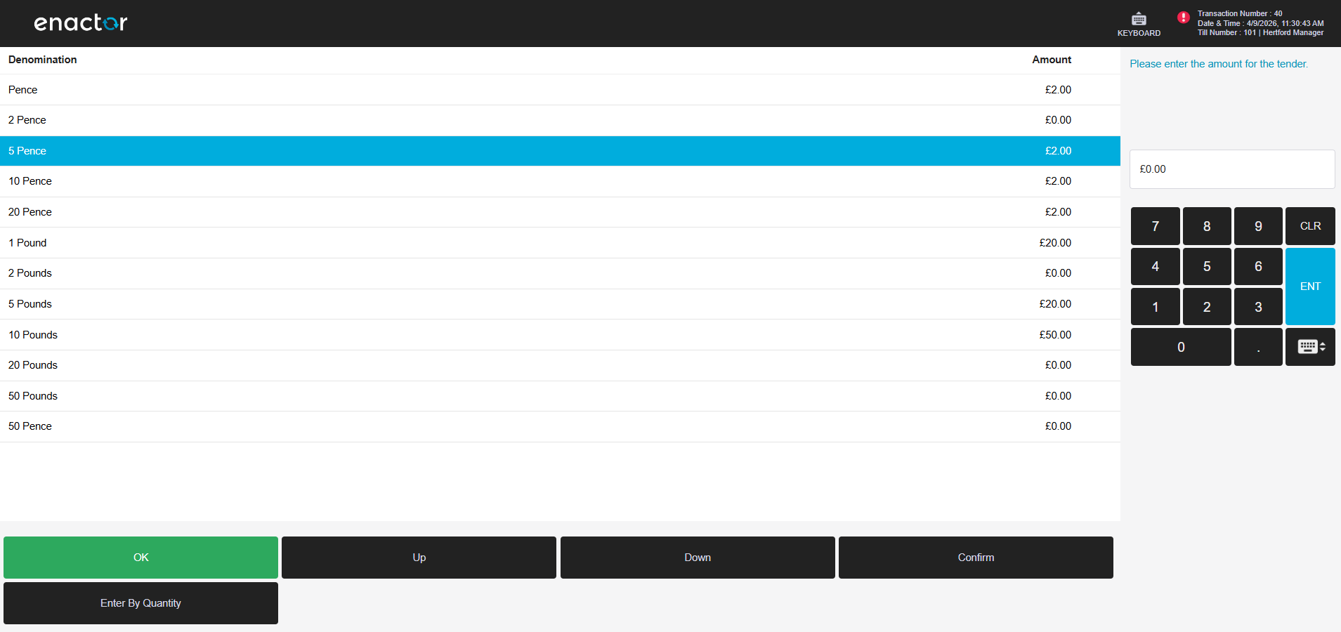 POS Terminal denomination entry screen showing individual denomination rows. Buttons shown are OK, Up, Down, Enter by Quantity/Value, and Back.