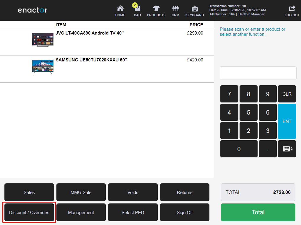 Enactor POS main sale screen with JVC TV and Samsung TV in the basket for a total of 728.00. The Discount/Overrides button is highlighted.