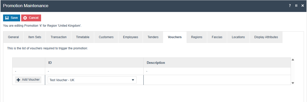 Promotion Maintenance Vouchers tab showing the voucher dropdown and Add Voucher button for adding voucher qualification