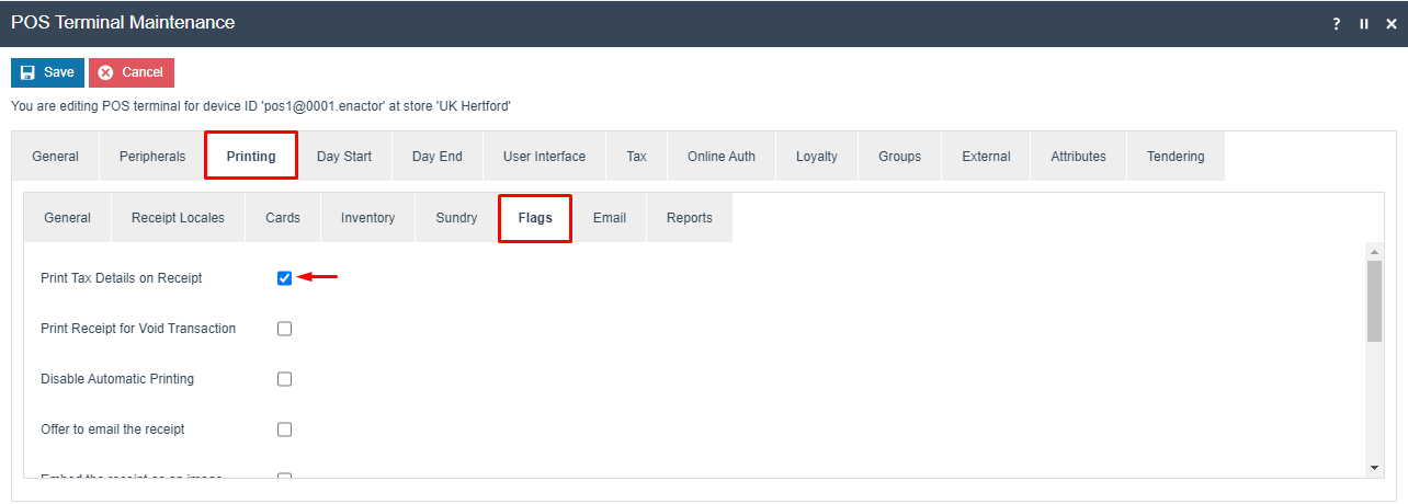 screenshot: POS Terminal Maintenance Printing Flags tab with Print Tax Details on Receipt checked