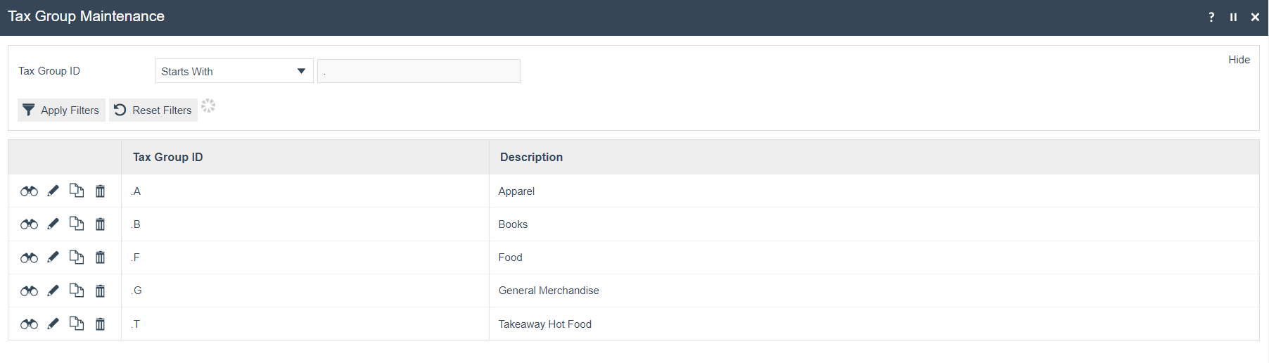 Tax Group Maintenance list showing five groups: A (Apparel), B (Books), F (Food), G (General Merchandise), T (Takeaway Hot Food).