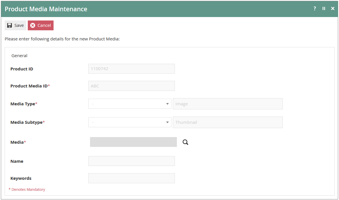 Product Media Maintenance page showing the Image ID field with search option and image preview