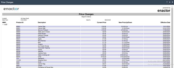 Price Changes report output showing price change details for the selected location and date range.