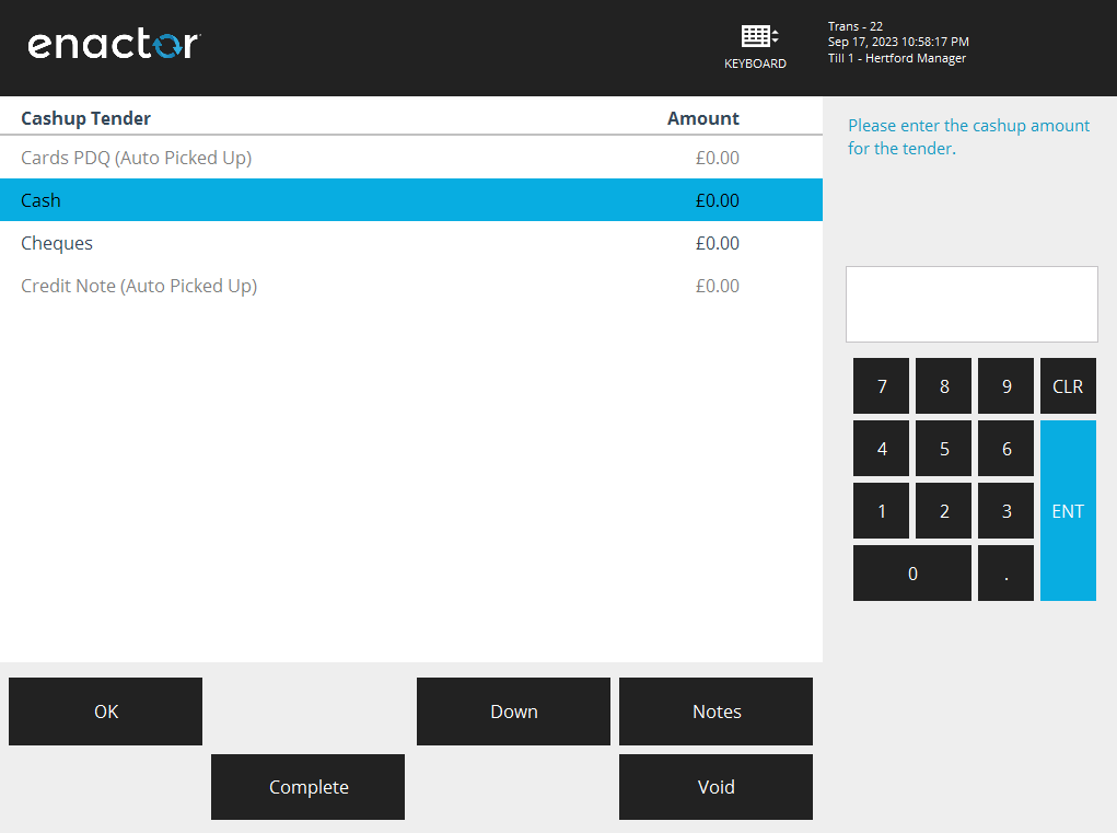POS Terminal Cashup tender entry screen showing tenders listed for counted amount entry. Buttons shown are OK, Up, Down, Notes, Void, and Complete.