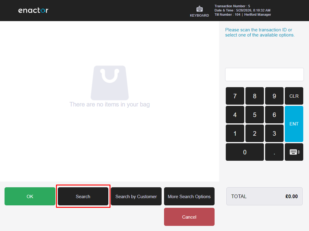 Enactor POS Post Void entry screen prompting to scan a transaction ID or use search options. Search button is highlighted with a red box.