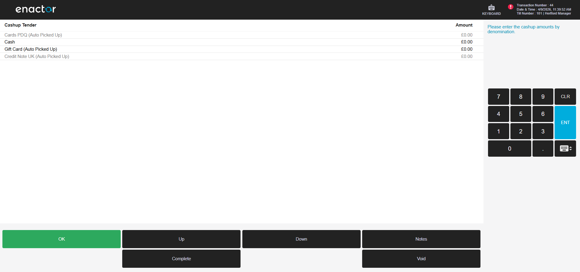 POS Terminal Cashup tender entry screen showing tenders listed for counted amount entry. Buttons shown are OK, Up, Down, Notes, Void, and Complete.