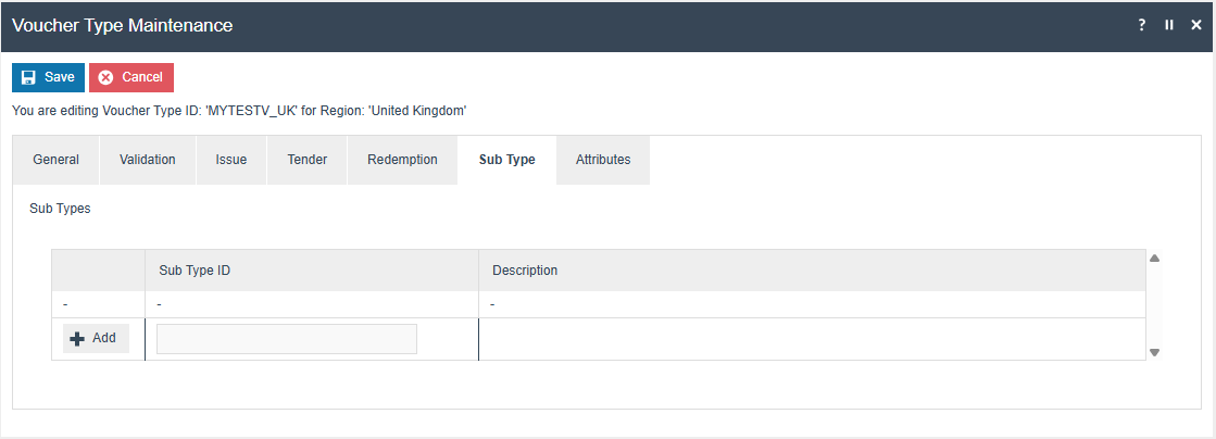 Voucher Type Maintenance Sub Type tab showing the Voucher Sub Type ID field and Add button