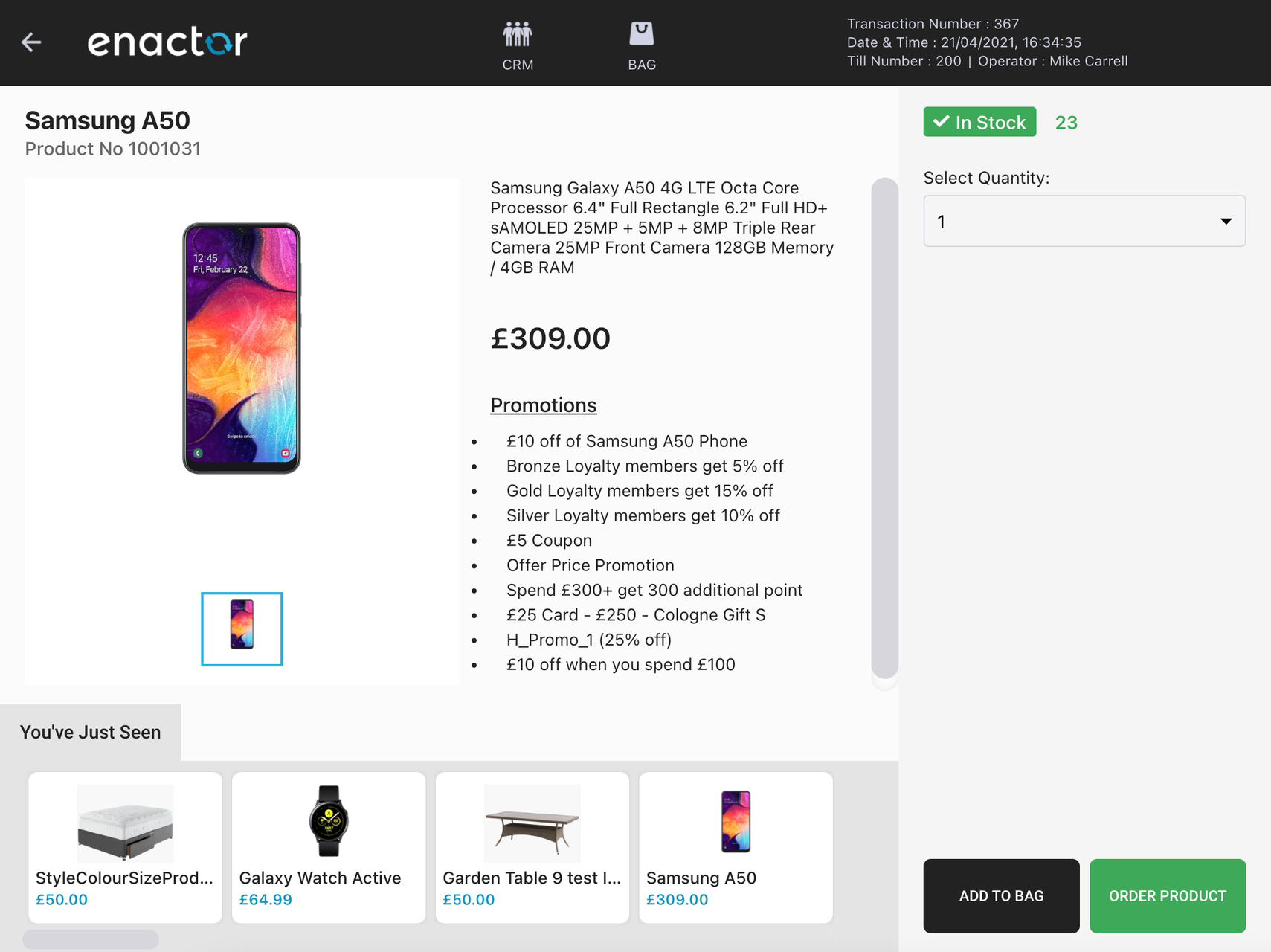React POS product detail view showing availability, stock count, and action buttons
