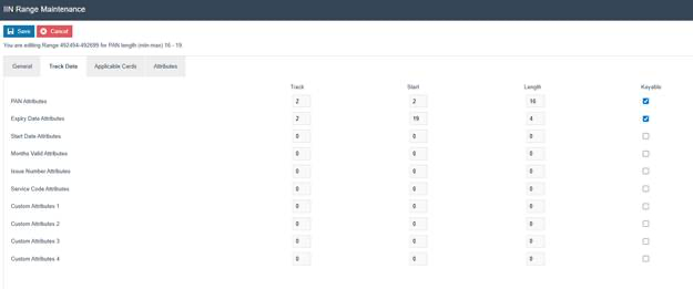 IIN Range Maintenance Track Data tab showing PAN Attributes (Track 2, Start 2, Length 16) and Expiry Date Attributes (Track 2, Start 19, Length 4) both marked as Keyable.