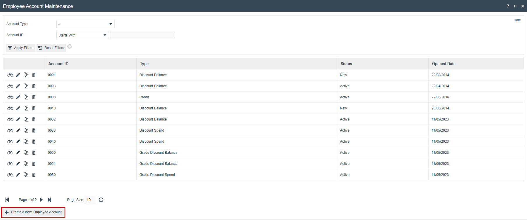 Employee Account Maintenance list showing existing accounts and a Create a new Employee Account button.