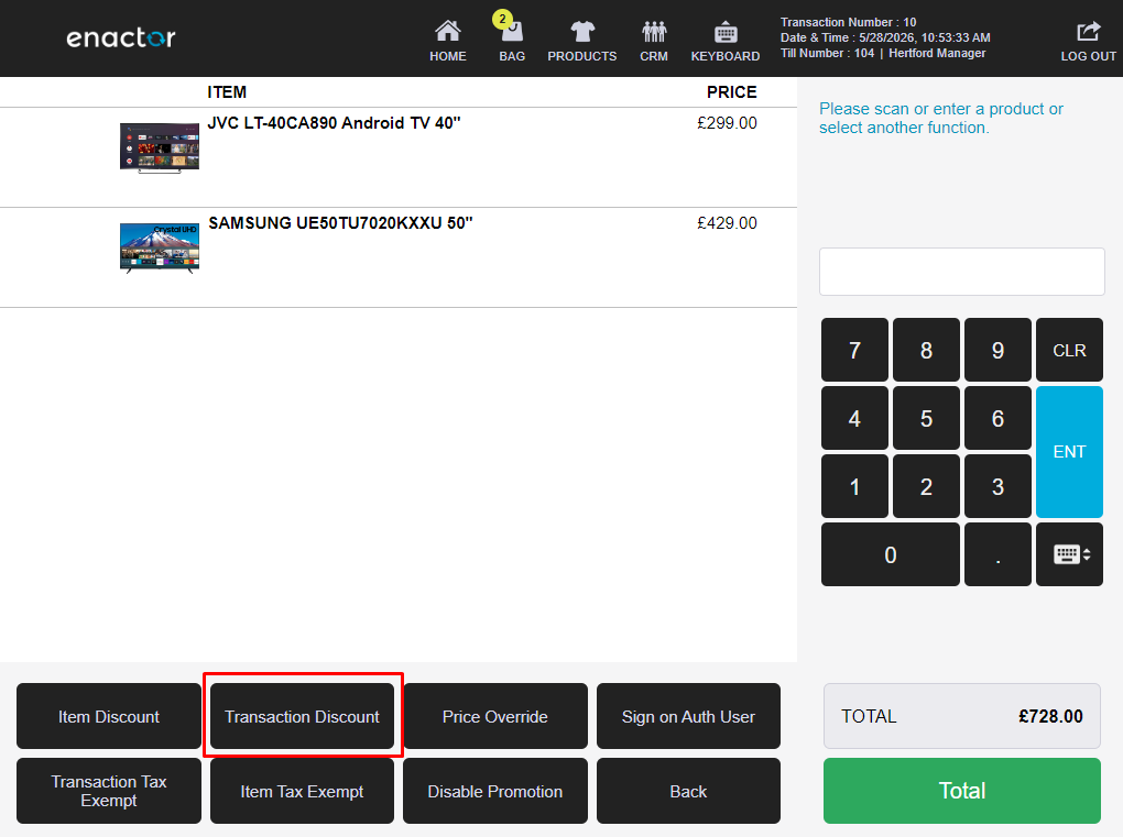 Enactor POS Discount/Overrides sub-menu. Transaction Discount button is highlighted with a red box. Other buttons include Item Discount, Price Override, and Sign on Auth User.