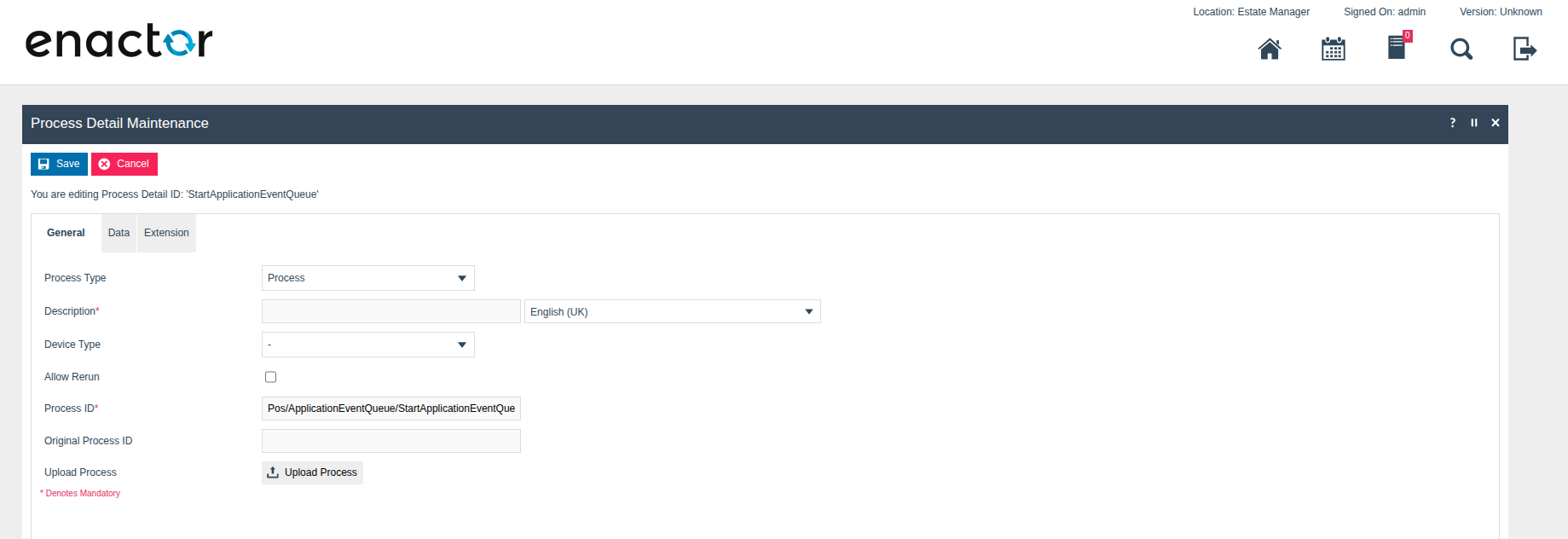 Process Detail Maintenance General tab for StartApplicationEventQueue, with Process Type set to Process and Process ID set to Pos/ApplicationEventQueue/StartApplicationEventQueue