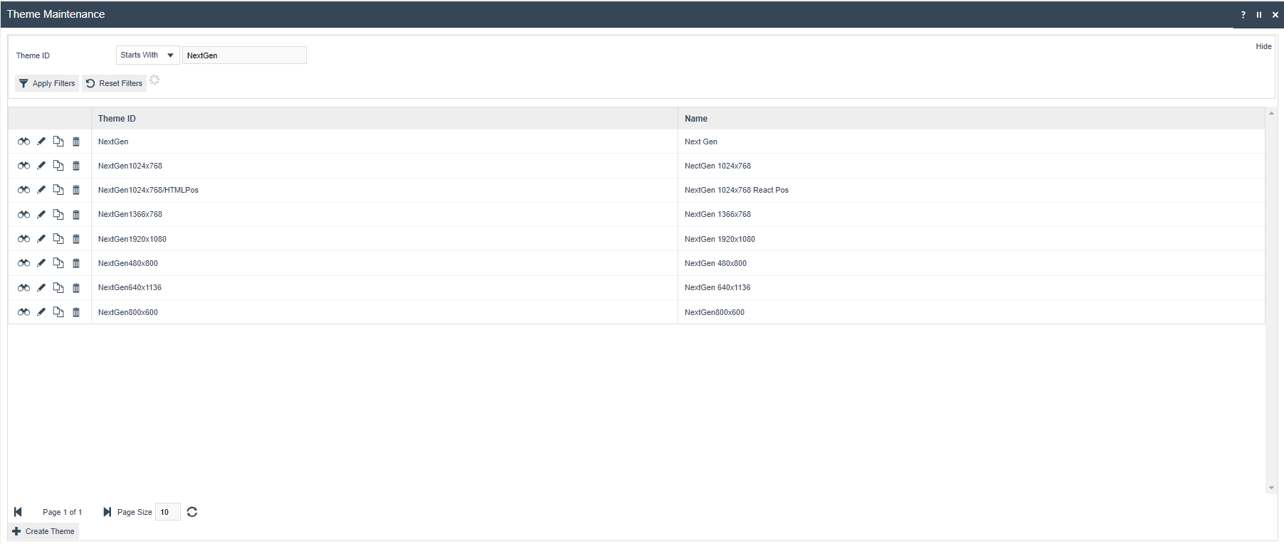 Theme Maintenance list showing 8 NextGen theme variants. Create Theme button is at the bottom.