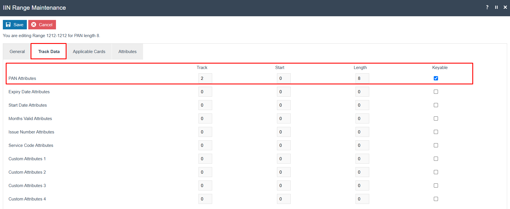 IIN Range Track Data tab showing Track Field value 2, PAN Length, and Keyable checkbox ticked.