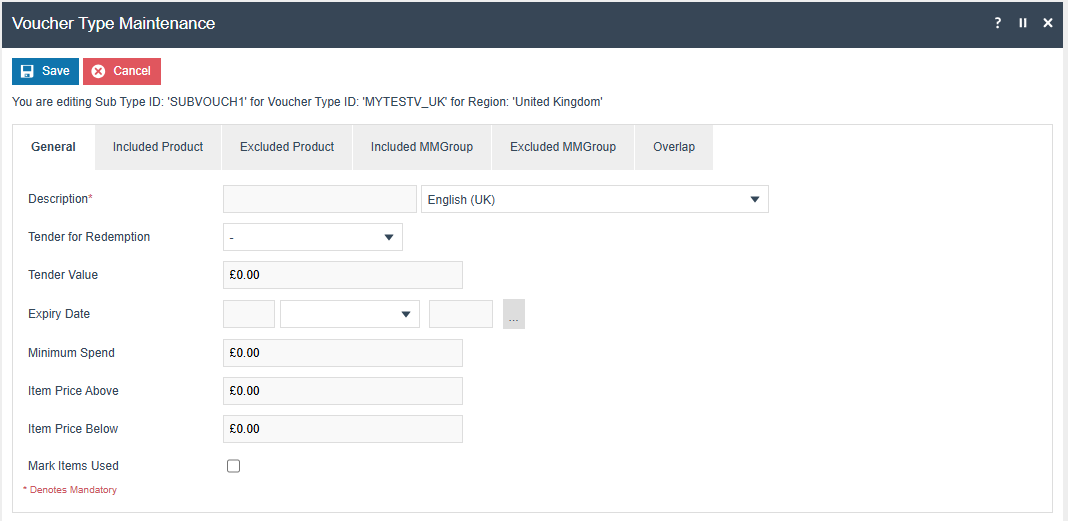 Voucher Sub Type General tab for a tender-type parent voucher showing Description and reward settings