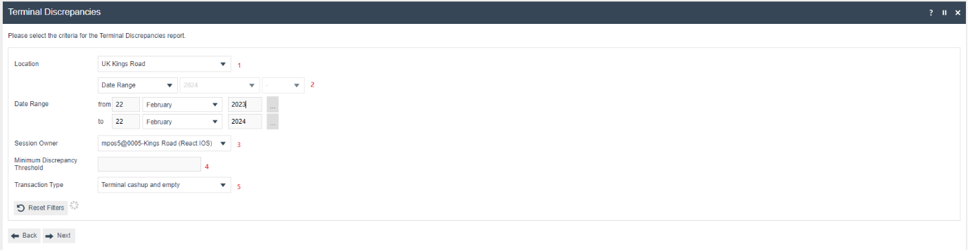 Terminal Discrepancies filter screen with Location, Date Range, Session Owner, Minimum Discrepancy Threshold, and Transaction Type fields.