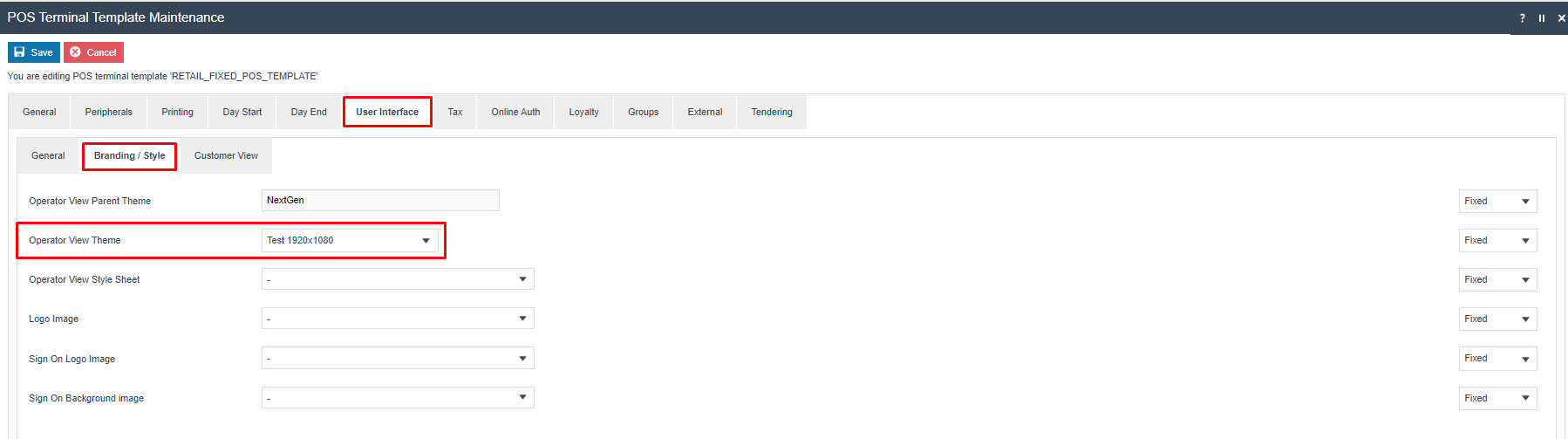 POS Terminal Template Maintenance Branding/Style sub-tab with Operator View Theme set to Test 1920x1080.