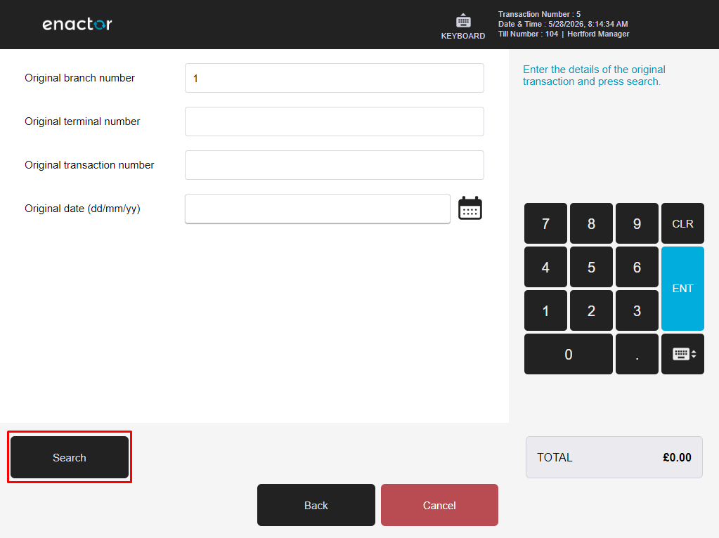 Enactor POS Post Void search form with Original branch number pre-filled as 1. Other search fields are empty. Search button is highlighted with a red box.