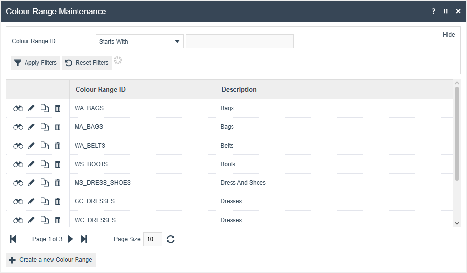 Colour Ranges Maintenance select page listing currently configured Colour Ranges with management options