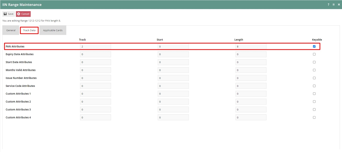 IIN Range Track Data tab showing Track Field value 2, PAN Length, and Keyable checkbox ticked.