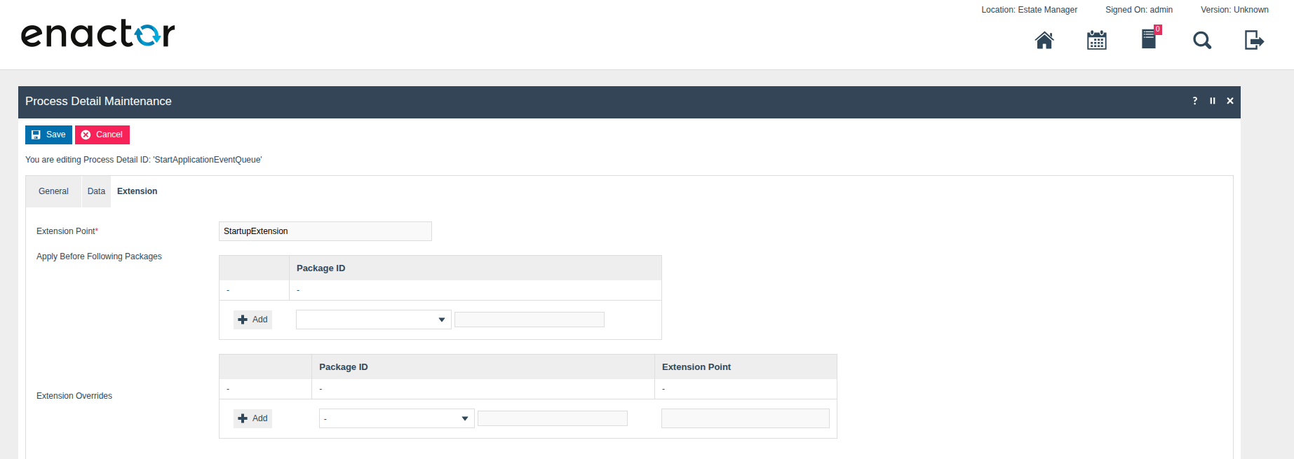Process Detail Maintenance Extension tab for StartApplicationEventQueue, with Extension Point set to StartupExtension
