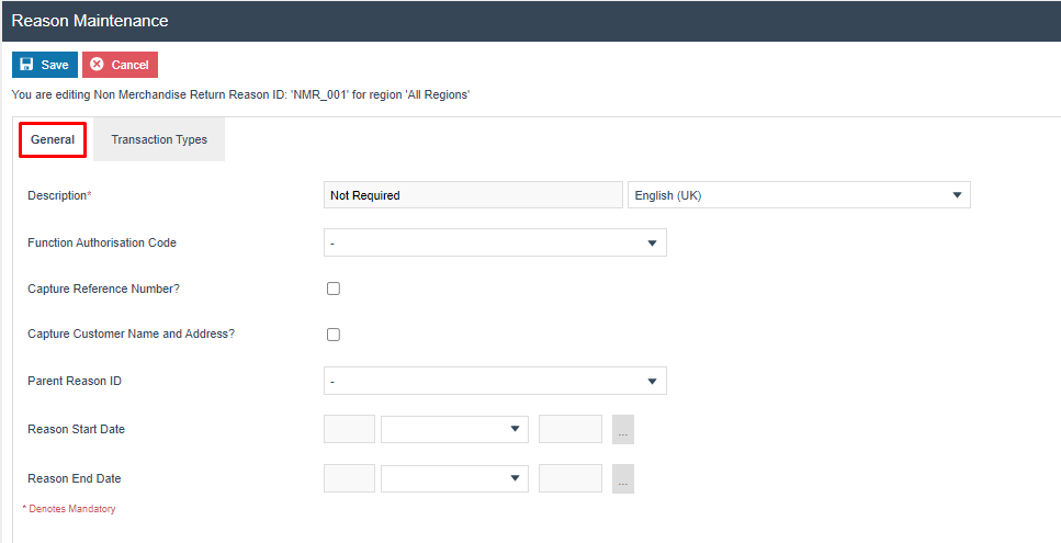 Reason Maintenance General tab for NMR_001. Description is 'Not Required'.
