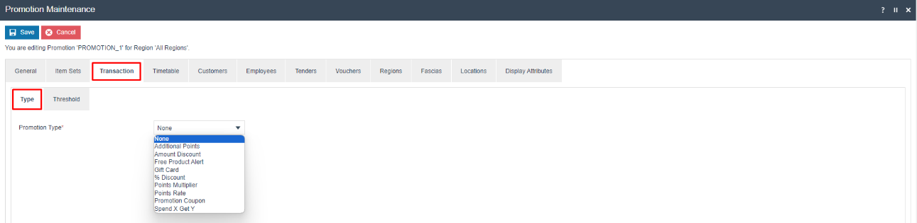 Promotion Maintenance on the Transaction - Type tab. The Promotion Type dropdown is open showing 9 transaction promotion types.
