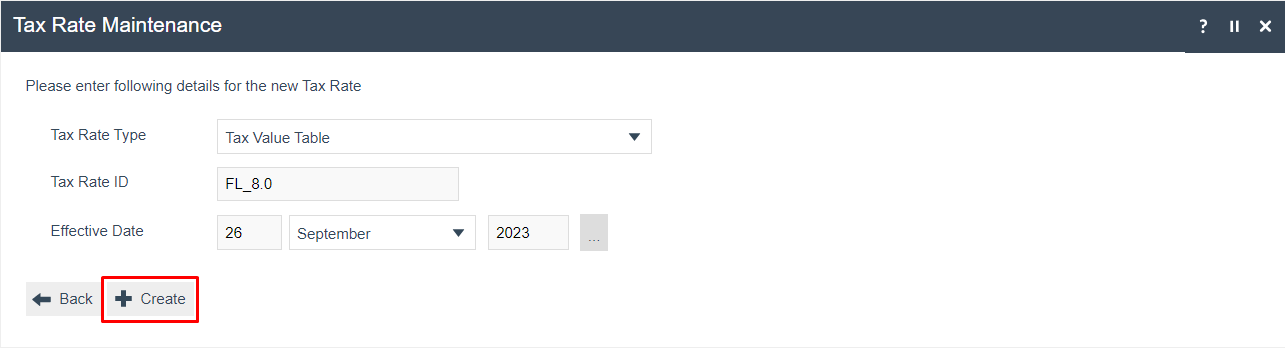 screenshot: Create new Tax Rate - FL_8.0, Tax Value Table type