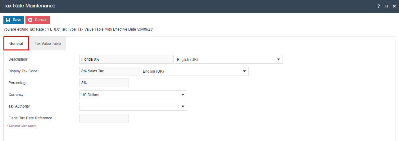 screenshot: Tax Rate FL_8.0 General tab