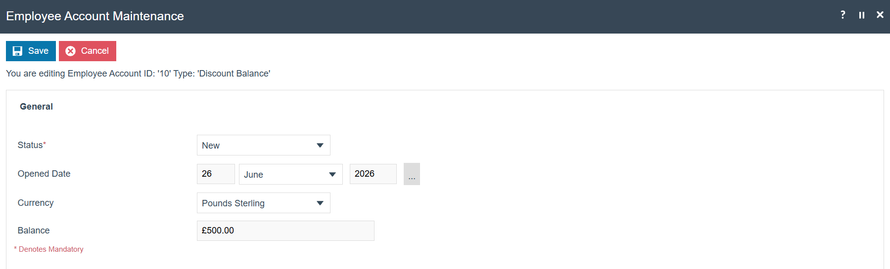 Employee Account edit screen showing Balance field and Status set to Active.