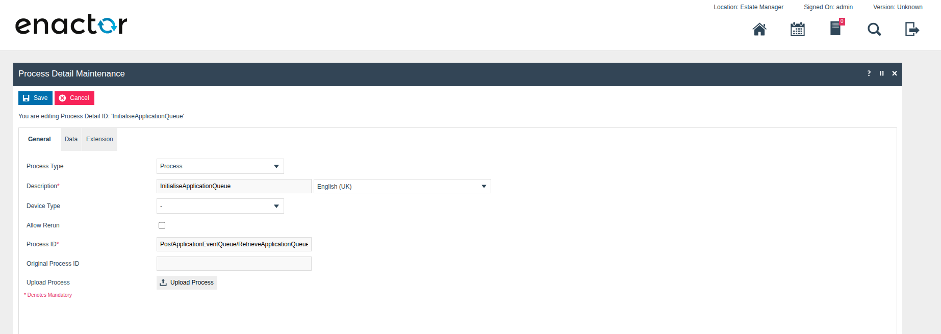 Process Detail Maintenance General tab for InitialiseApplicationQueue, with Process Type set to Process and Process ID set to Pos/ApplicationEventQueue/RetrieveApplicationQueueHandles