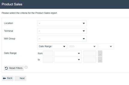 Product Sales filter screen with Location, Terminal, and MM Group dropdowns, and Date Range fields.