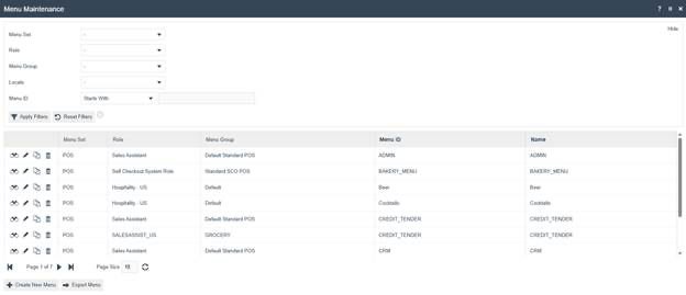 Menu Maintenance select page listing configured menus including ADMIN, BAKERY_MENU, Beer, Cocktails, CREDIT_TENDER, GROCERY, and CRM entries.