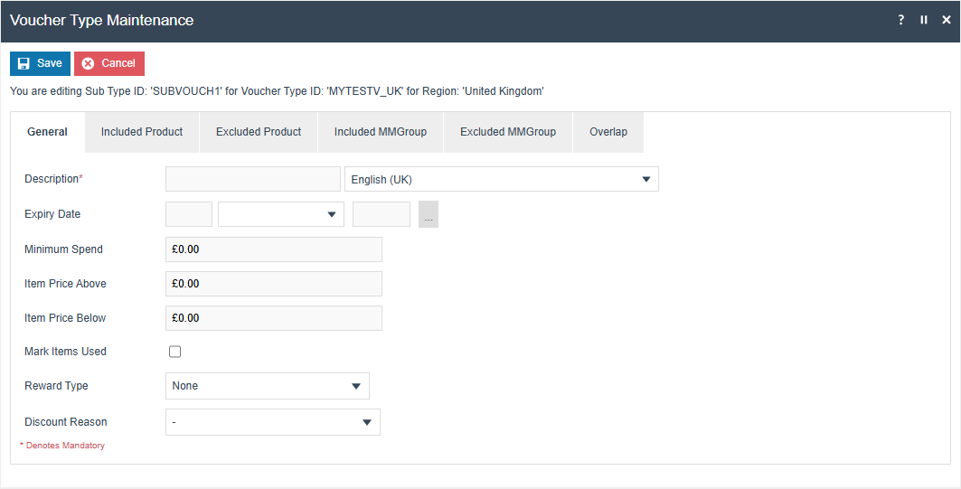 Voucher Sub Type General tab for a discount-type parent voucher showing Description and discount reward settings