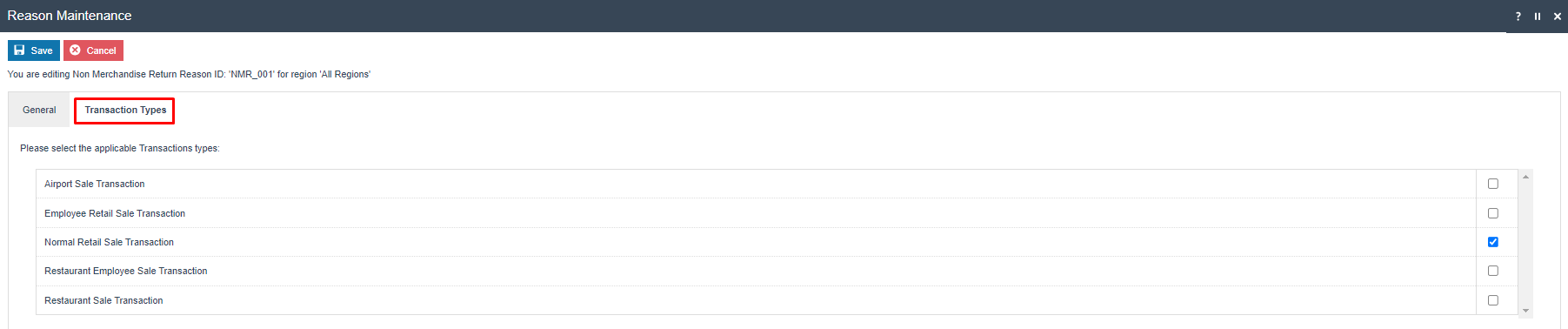 Reason Maintenance Transaction Types tab for NMR_001. Normal Retail Sale is checked.