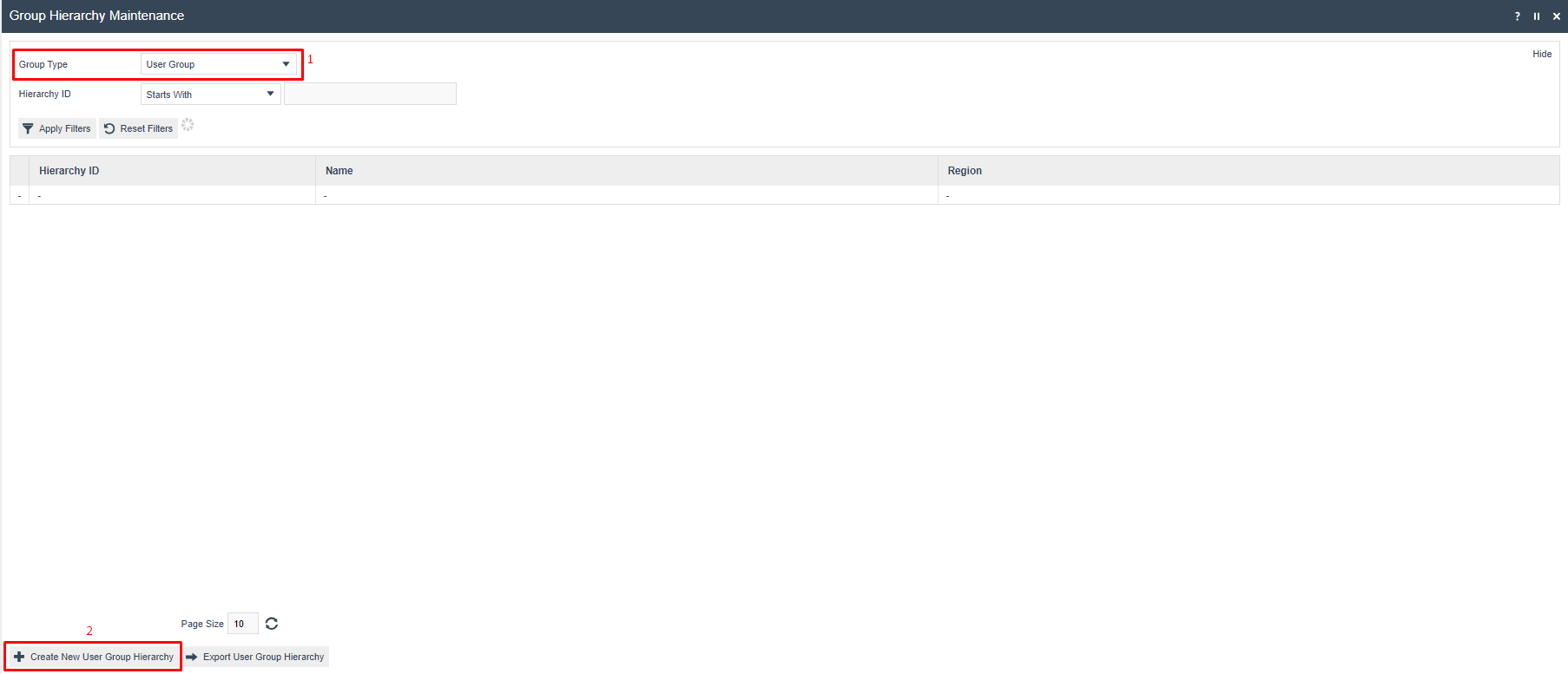 Group Hierarchy Maintenance showing User Group type selected with an empty hierarchy list.
