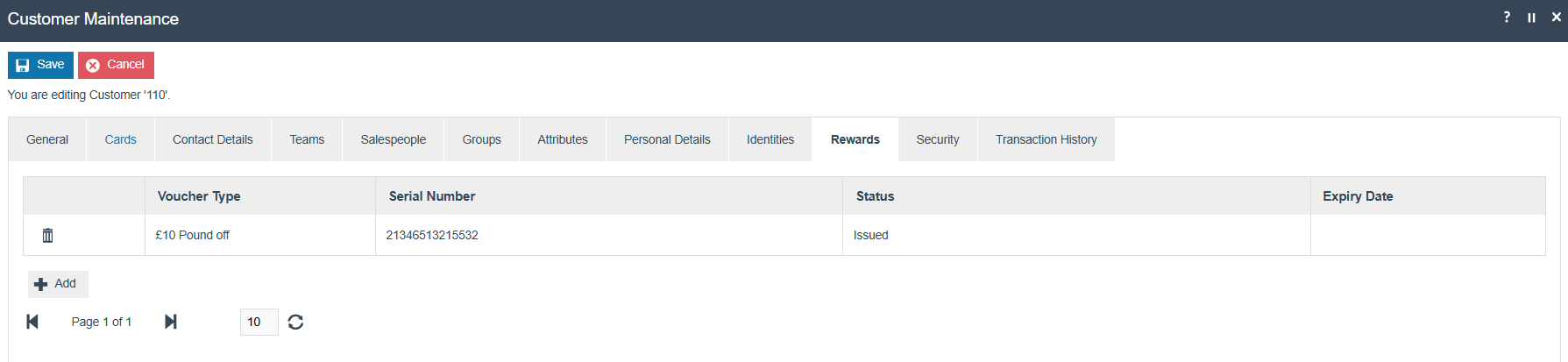 Customer Maintenance Rewards tab for Customer 110. One voucher is listed: 10 Pound off, serial 21346513215532, status Issued.