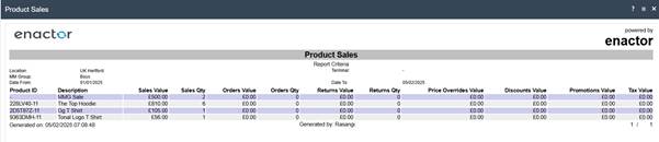 Product Sales report output showing product sales details with units and values.