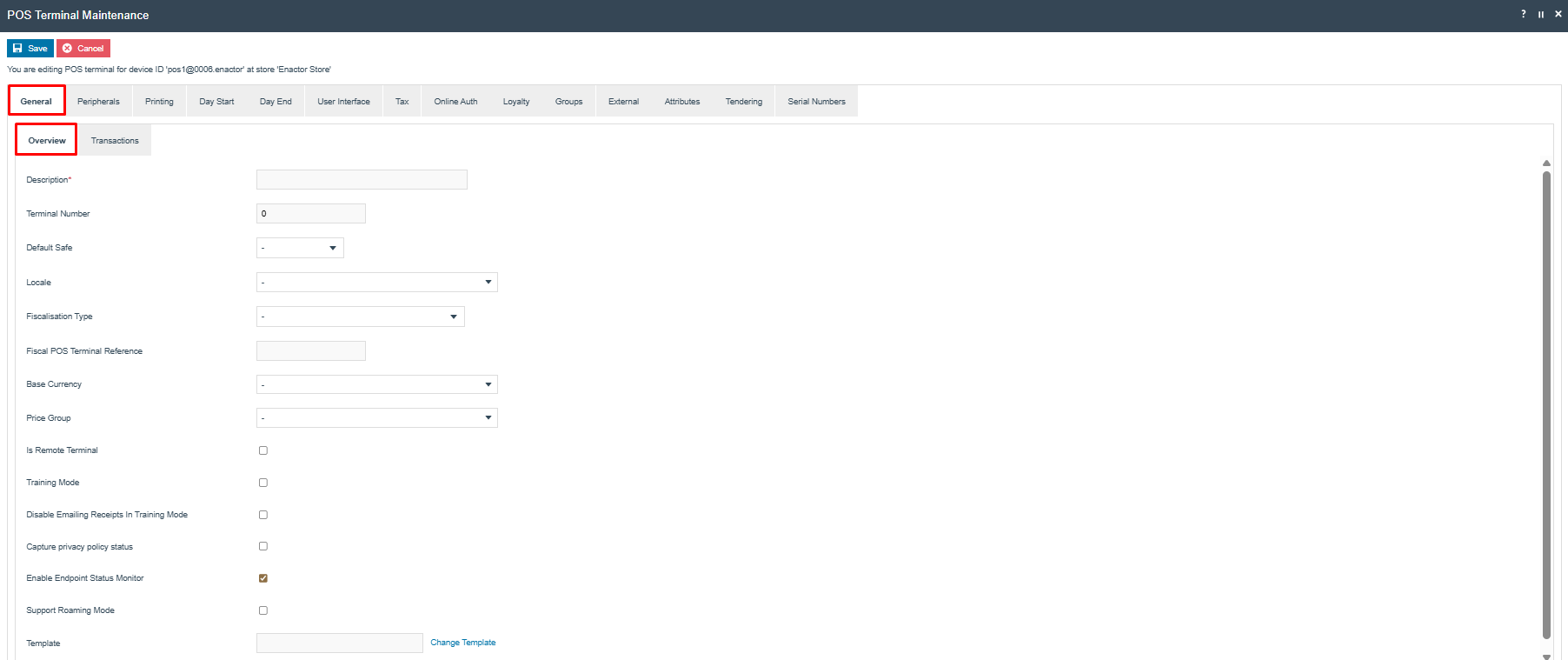 POS Terminal General tab (Overview sub-tab) for pos1@0006.enactor before values are entered - Description empty, Terminal Number 0, Enable Endpoint Status Monitor checked.