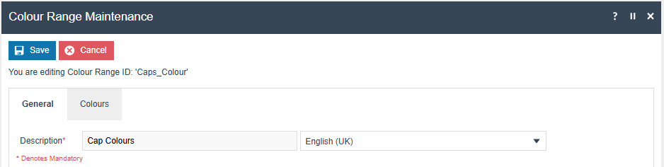 Colour Range Maintenance General Tab showing the mandatory Description field