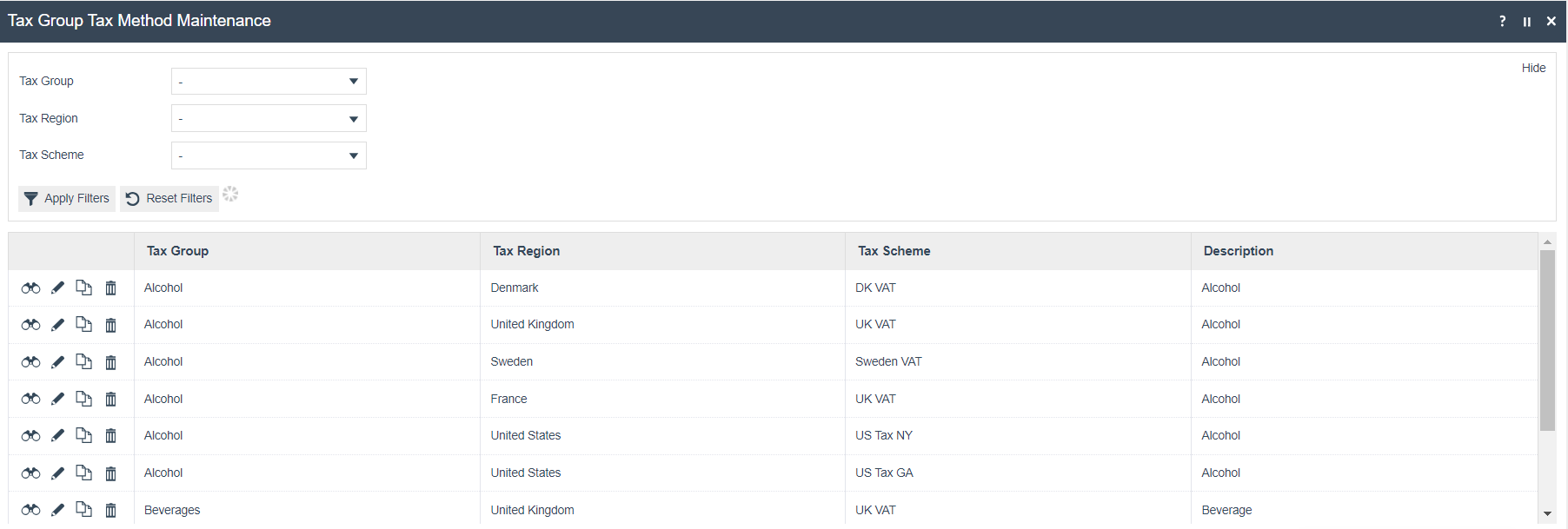 Tax Group Tax Method Maintenance list showing existing mappings for various tax groups and regions.