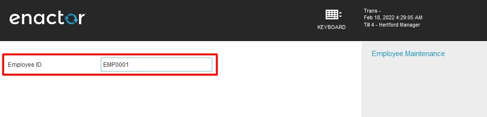 Enactor POS new employee creation dialog prompting for an Employee ID