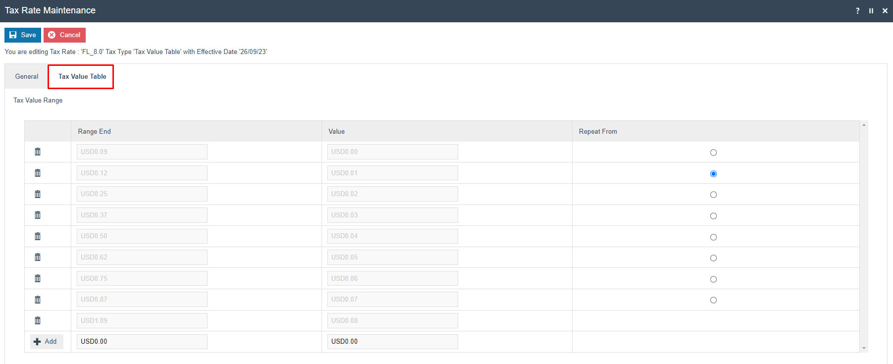 screenshot: Tax Rate FL_8.0 Tax Value Table tab with bracket ranges entered