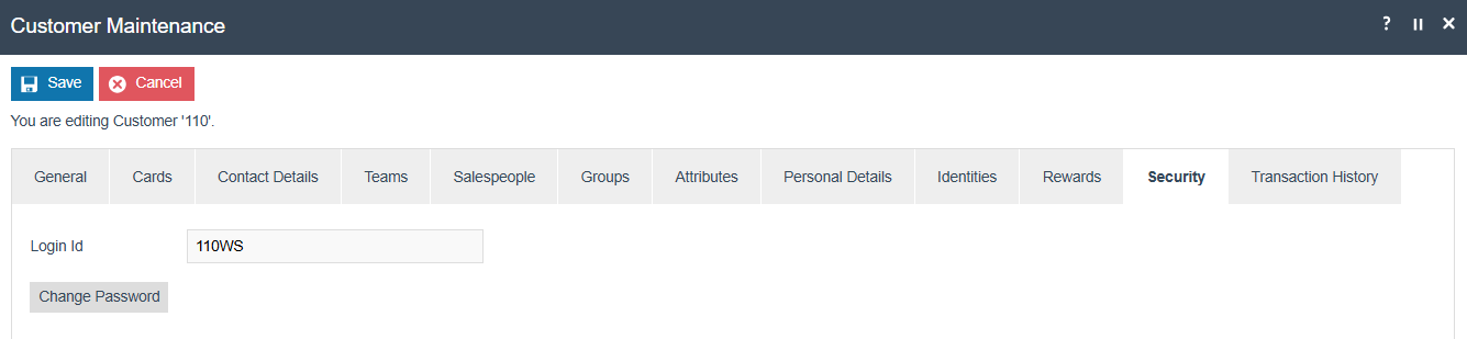 Customer Maintenance Security tab for Customer 110. Login Id is 110WS. Change Password button is visible.
