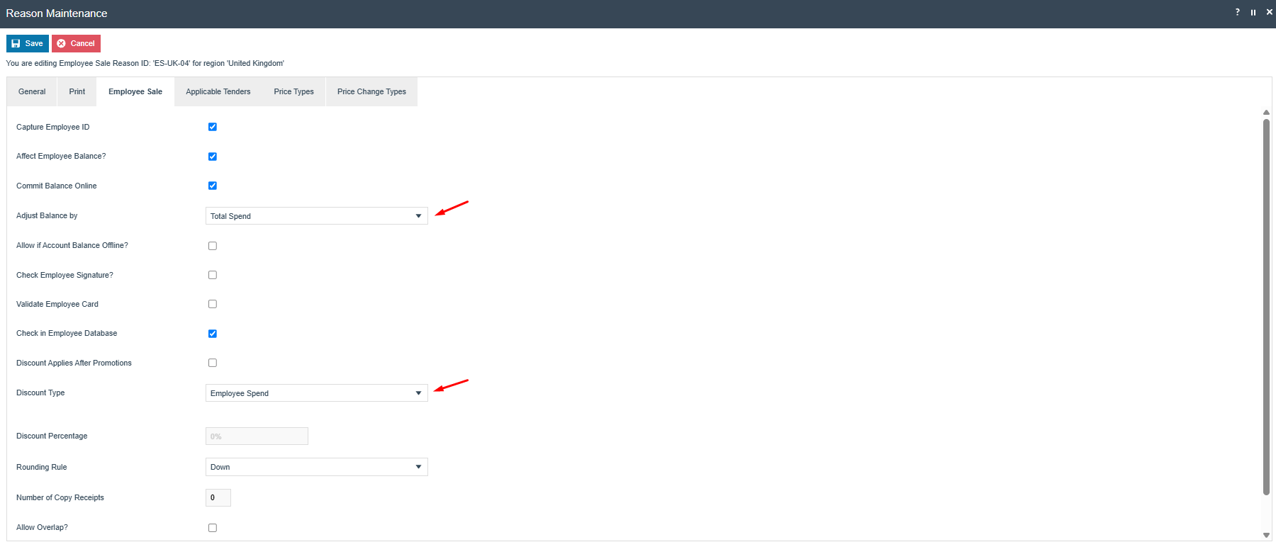 Employee Sale Reason Employee Sale tab with Discount Type set to Employee Spend and Adjust Balance by set to Total Spend.