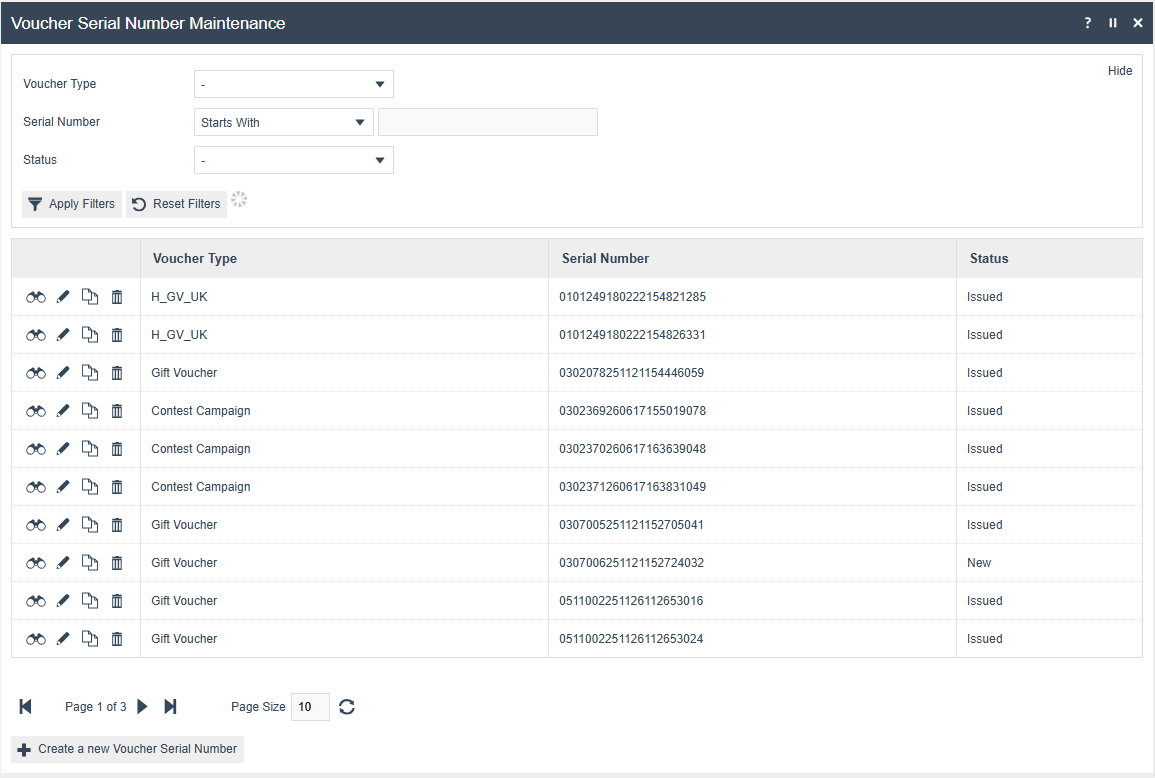 Voucher Serial Number Maintenance list view showing tracked vouchers with their serial numbers and status