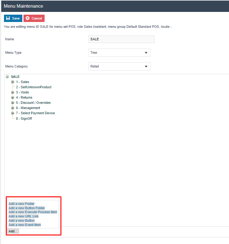 Menu Maintenance for the SALE menu. The 4-Returns folder is visible containing return operation buttons.