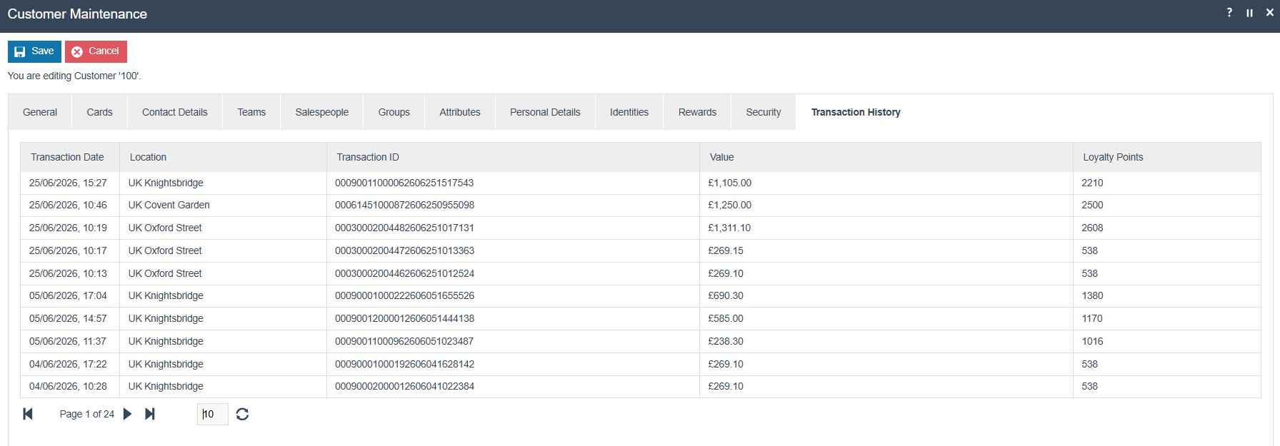 Customer Maintenance Transaction History tab for Customer 100. Multiple transactions are listed with dates, locations, transaction IDs, values and loyalty points.