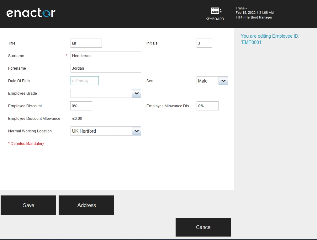 Enactor POS employee details screen with fields for entering personal information including Surname